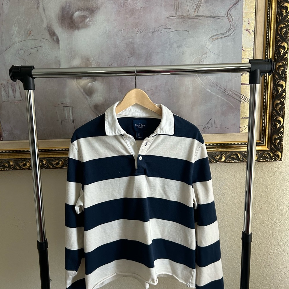 Savile Row Men's Striped Polo Shirt - Navy and White